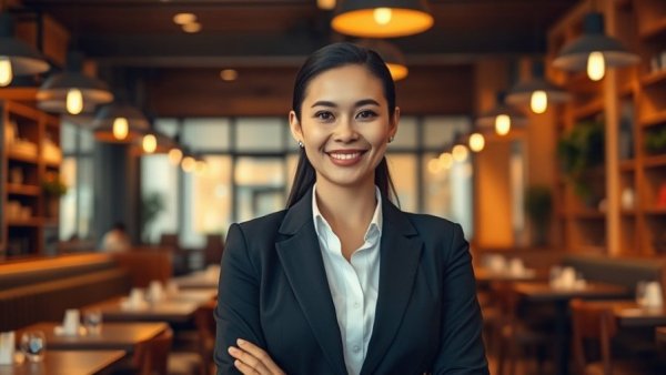 Smiling woman at San Antonio restaurant with wooden interior.