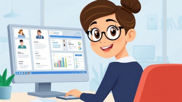 Cartoon of AI recruiting software used in a virtual interview.