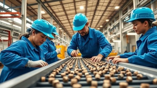 Workers inspecting conveyor belt in factory showcasing manufacturing process.