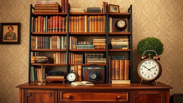 Vintage home office with bookshelf and classic decor.