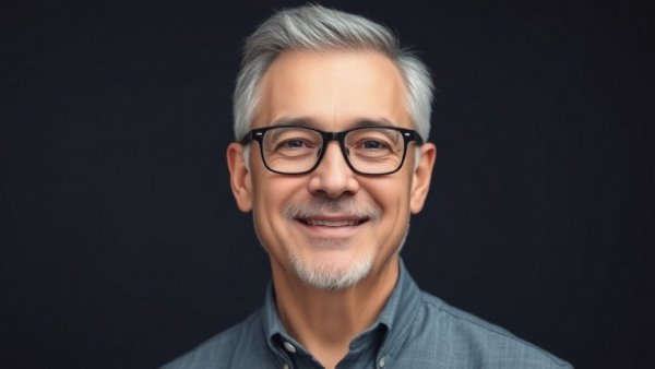 Confident middle-aged man in glasses smiling against gray background.