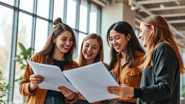 Three women collaborating in a bright office setting, ERG news 2025.