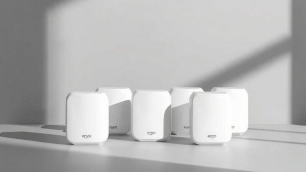 Amazon eero 6 mesh wifi devices displayed on gray platforms.