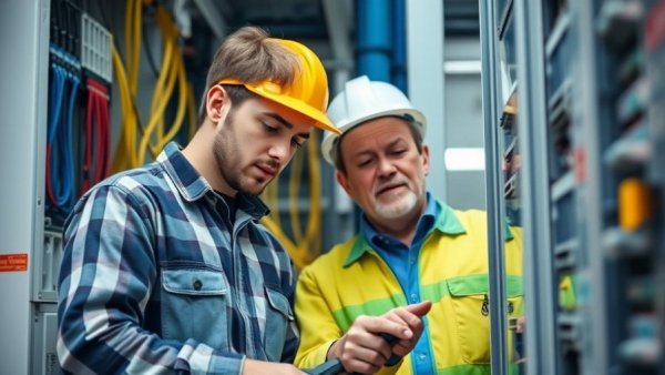 Gen Z and mentor collaborating on electrical panel, workplace learning