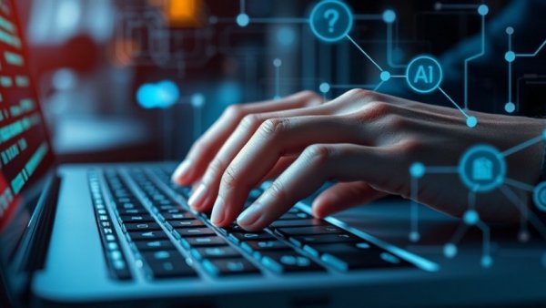 AI literacy concept with hands typing and digital graphics.