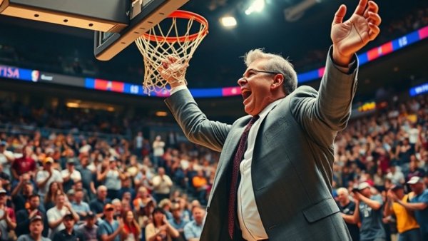 Coach cuts basketball net in triumphant March Madness celebration.