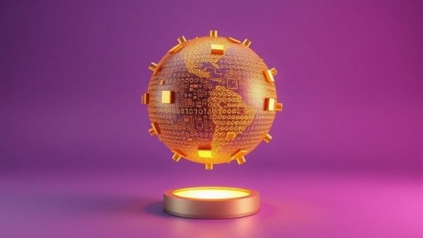 Futuristic sphere of microchips on purple background, AI in cyber risk management.