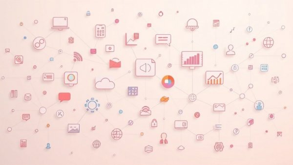 Digital network of communication symbols connected in an abstract design.