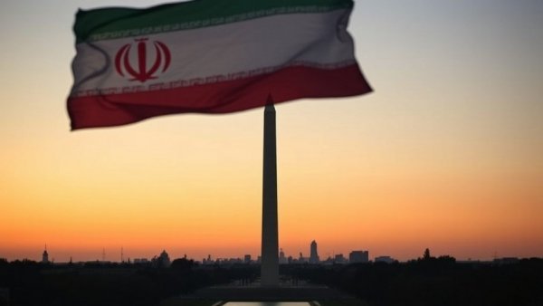 Washington Monument framed by Iranian flag symbolizing Trump Iran ceasefire deal.