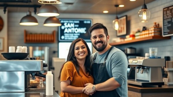 Happy couple in San Antonio restaurant, modern café setting.
