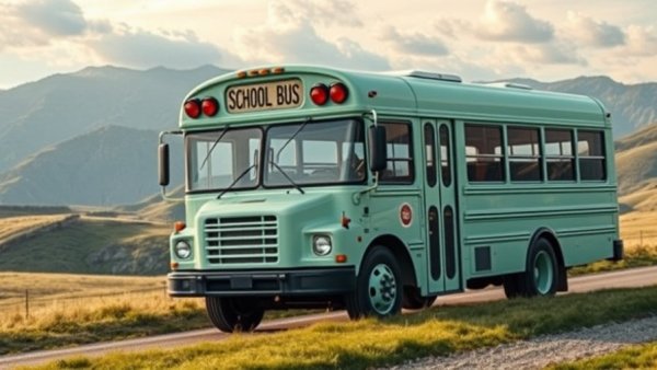 Mint green skoolie conversion parked amid scenic views.