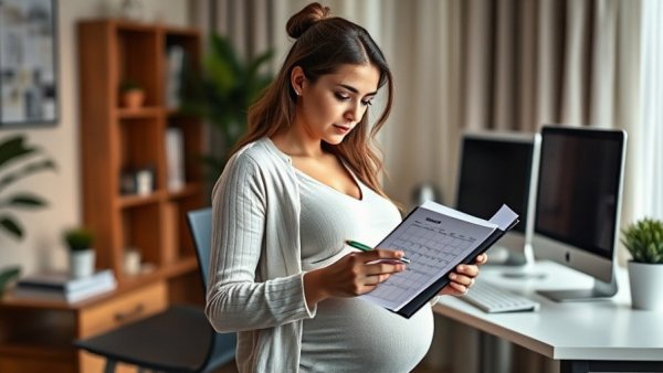 Pregnant woman in office planning joy-centered birth plan.