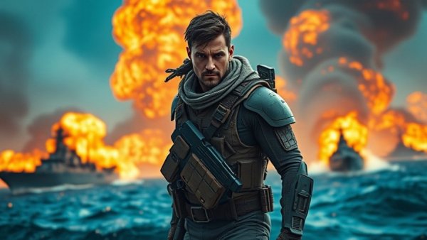 Dynamic futuristic battle scene with fiery seas and ships, World of Warships updates for 2026.