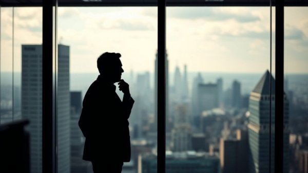 Silhouetted figure in office with city view, AI harassment theme.