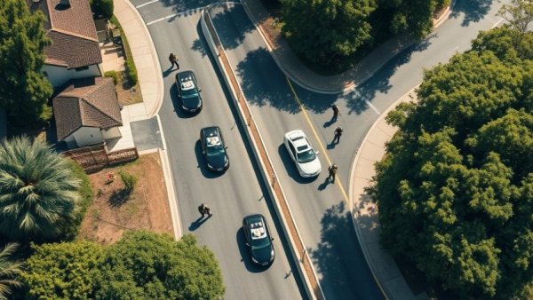 Police pursuit suburban safety scene with officers and vehicles.