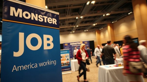 Job fair attendees passing by Monster event banner indoors.