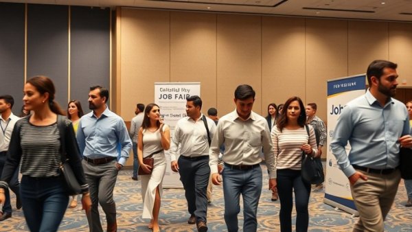 Resume market deception theme: job fair attendees pass a banner.
