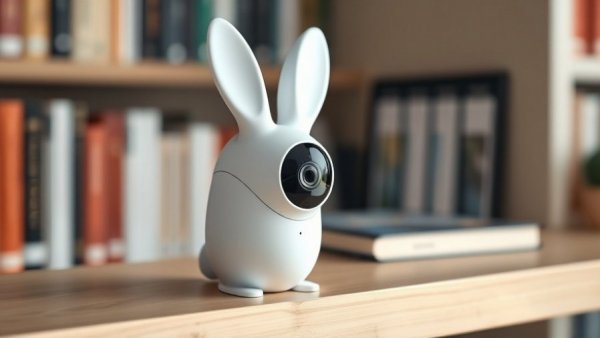 Modern indoor security camera with rabbit design on shelf.