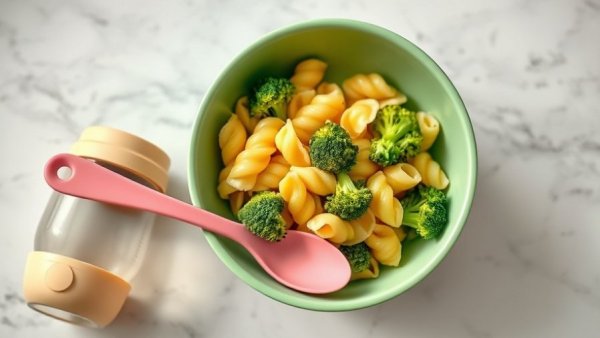 Pasta and broccoli bowl for picky eaters with sippy cup.