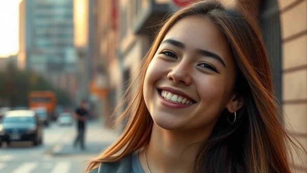 Teenage communication concept with a smiling girl in the city.