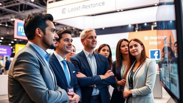 Business professionals observing a tech presentation at a Samsung booth.