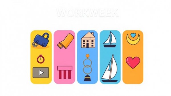 Cartoon icons symbolize a four-day workweek with a leisure day.