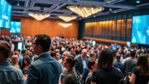 Crowded conference scene with engaged attendees at business event.