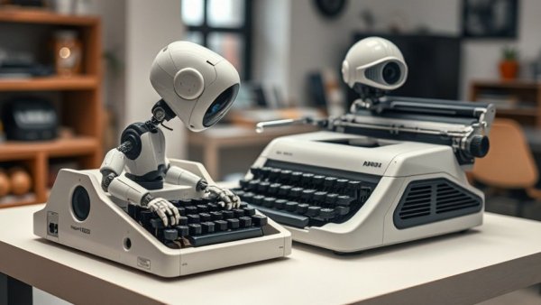 AI in recruiting depicted as a robot with a typewriter.
