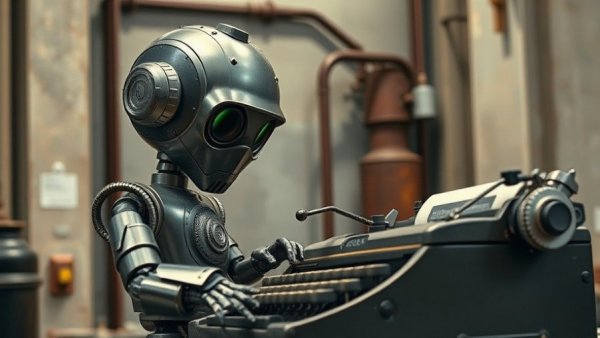 Retro robot using a typewriter symbolizing AI in recruiting technology.