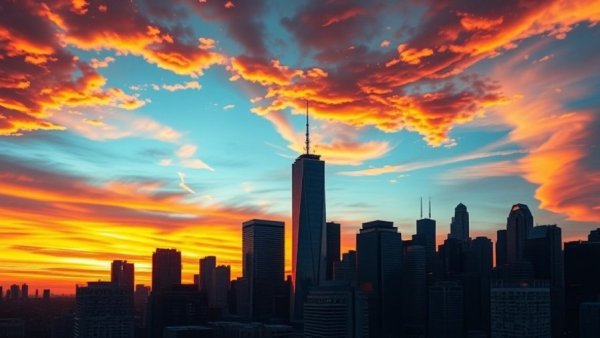 Silhouetted skyscrapers reflecting sunset colors in urban skyline.