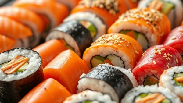 Colorful sushi rolls with sesame seeds.