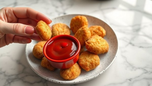 Healthy family meals: baked nuggets with ketchup on plate.