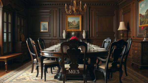 Traditional dining room with outdated features and elegant decor.