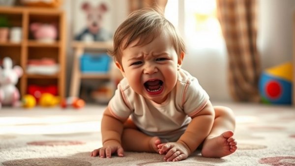 Crying toddler in playroom exploring tantrum solutions.