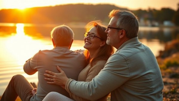 Family by lake embracing during serene sunset - Calm Parenting Techniques