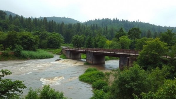 Flooded Texas countryside bridge surrounded by trees and water.