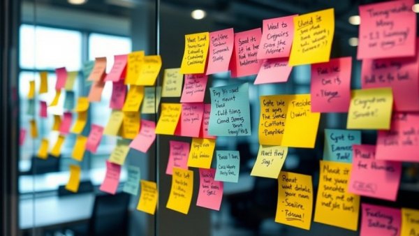 Colorful sticky notes on glass wall illustrating brainstorming in HR technology.