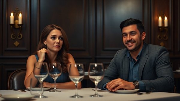Surprised woman and smiling man at dinner table during The Newlywed Game moments.