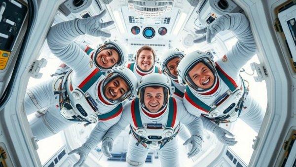 Artemis II crew happily floating inside a spacecraft, 80s sitcom vibe.