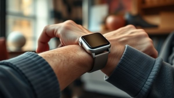 Detailed view of a smartwatch on an elder's wrist demonstrating a medical alert system.