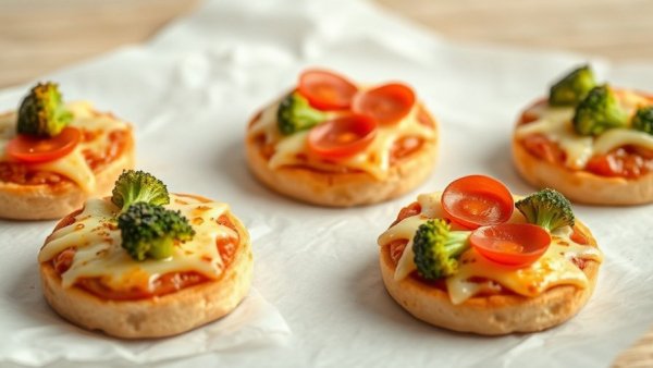 Mini English muffin pizzas with broccoli and pepperoni on parchment.
