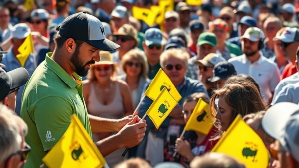 Golfer signing Masters flags, a tradition at the tournament.