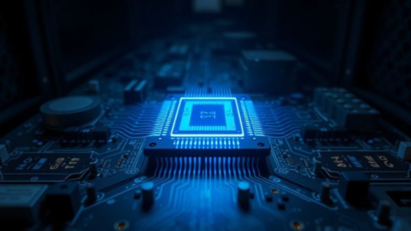 Futuristic microchip with glowing circuits in a server room, AI infrastructure partnership.