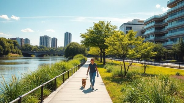Woman enjoying dog-friendly riverside walk in San Antonio