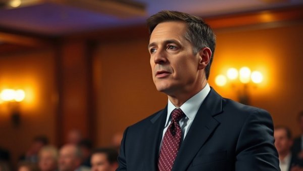 Leadership in AI: Man in suit speaking at an event.