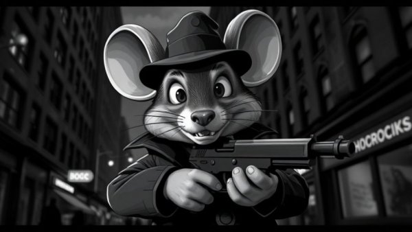 Retro mouse detective holding a gun in noir cityscape.