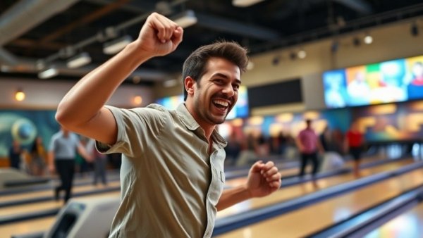 Professional bowler celebrating a victory in a lively bowling alley.
