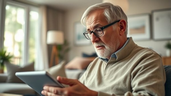 Older man using tablet on sofa in bright living room.