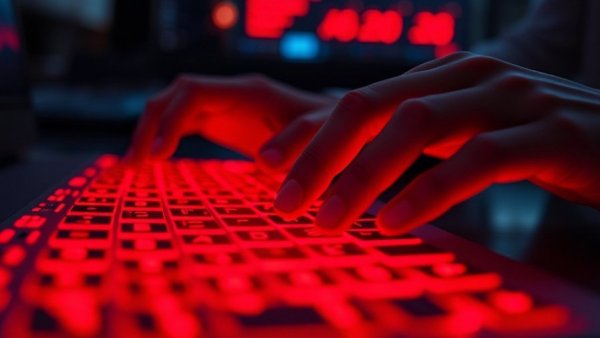 Hands typing on glowing keyboard highlighting data breach risk.