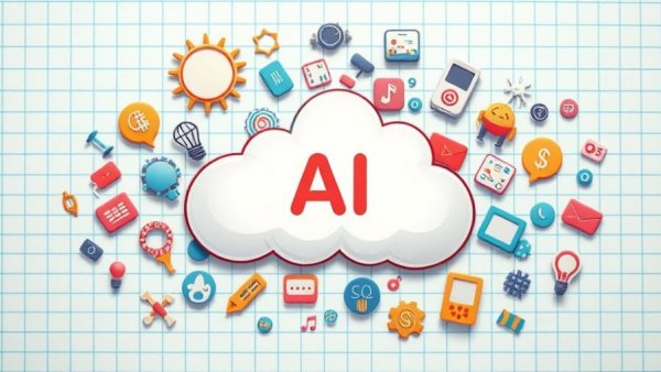 Colorful icons symbolizing AI affecting revenue on a grid background.